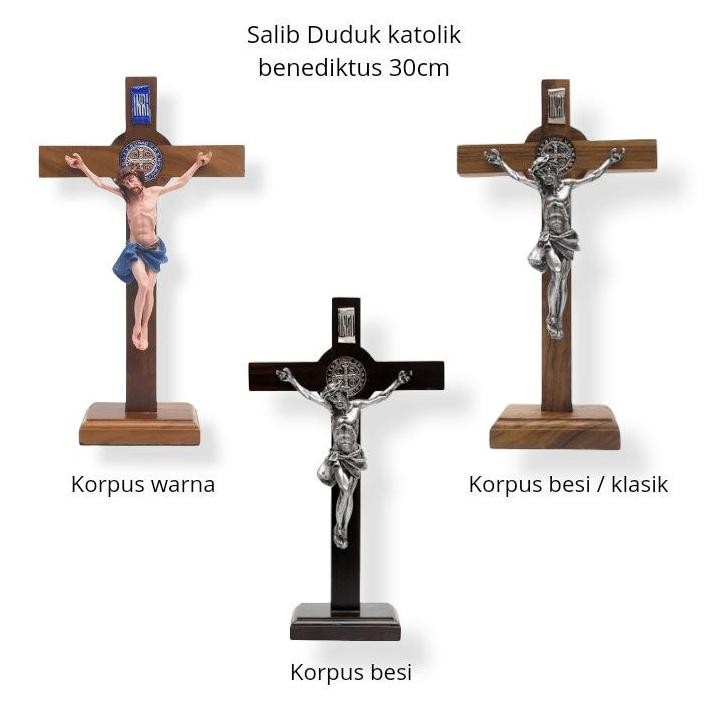 fgk-45 Sale Pajangan Salib Duduk Meja Rohani Katolik Kayu Jati Benediktus Korpus Fiber 30cm Termurah