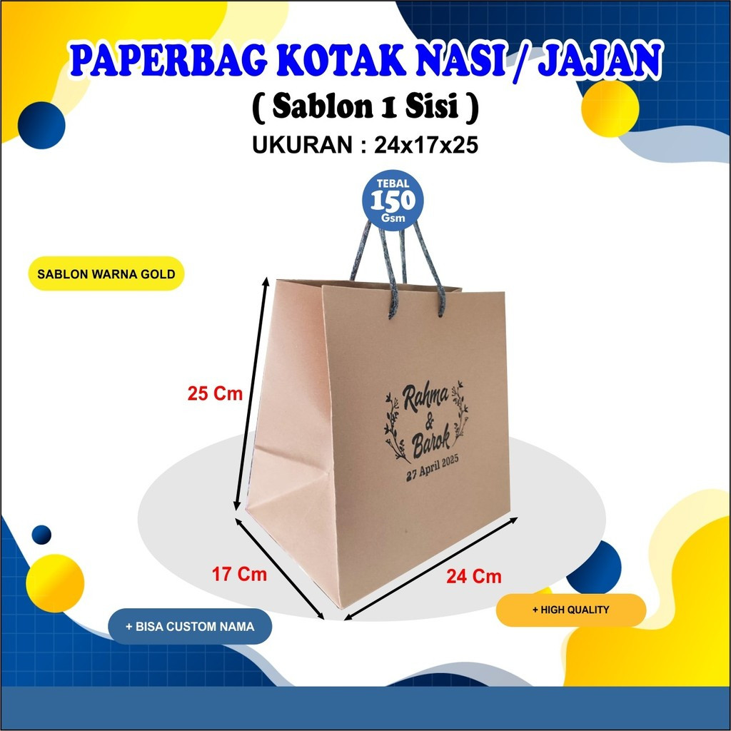 

[SABLON NAMA] PAPERBAG NASI BENTO COKLAT UK 24X17X25 POLOS/ PAPERBAG POLOS/ TAS BERKAT