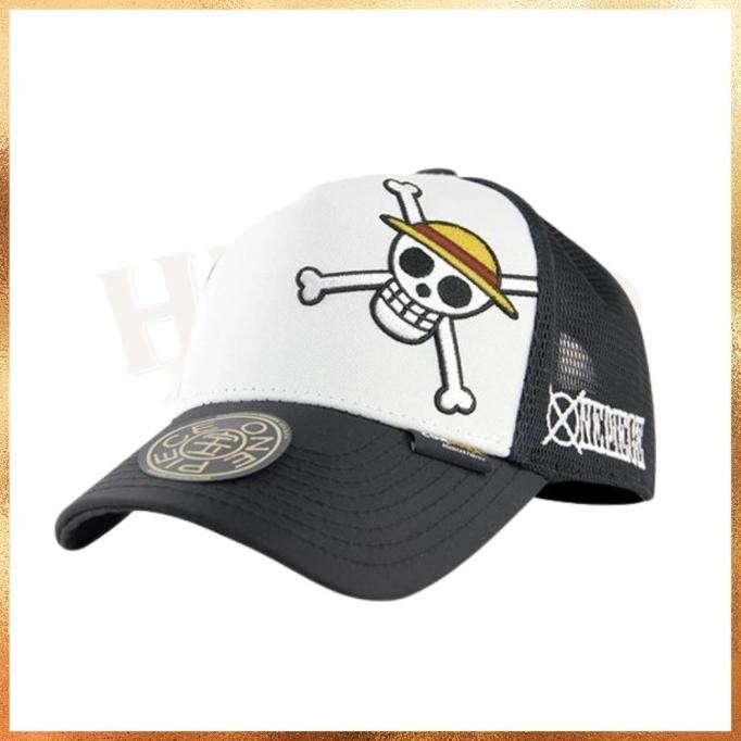 READY STOCK Topi New Era Angel x One Piece Monkey D Luffy Skull Collab Anime Black White Trucker Cap