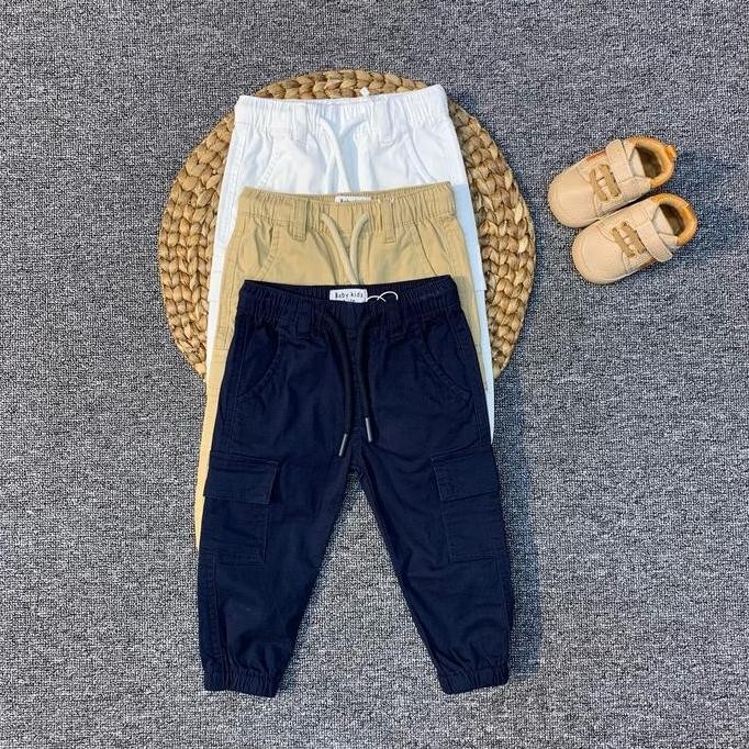 CELANA PANJANG JOGER CARGO ANAK LAKI / CEWEK IMPORT WARNA COKLAT , NAVY & PUTIH UMUR 9 BULAN - 4 TAH
