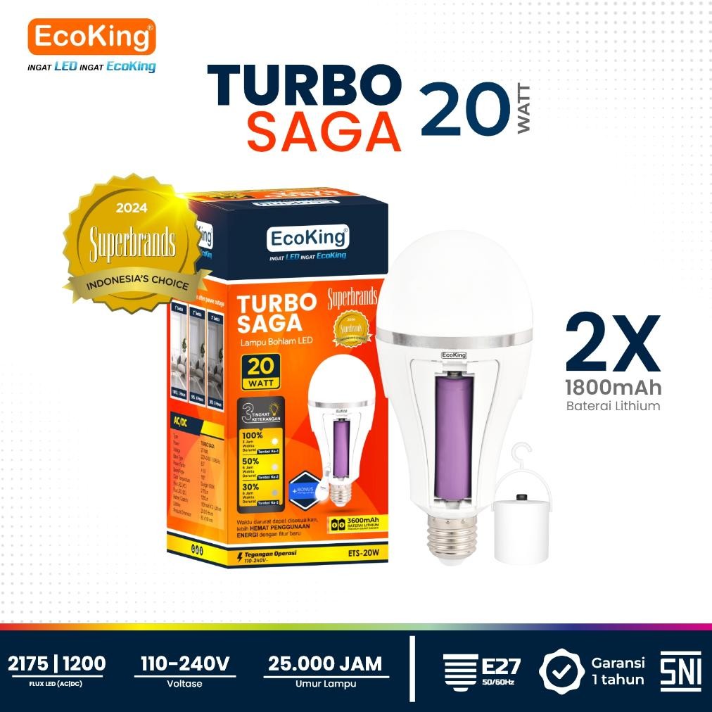 WAGI EcoKing Lampu Darurat Bohlam Rumah LED Turbo Saga EMERGENCY Tahan Lama 20W Cahaya Putih (DC 3 L