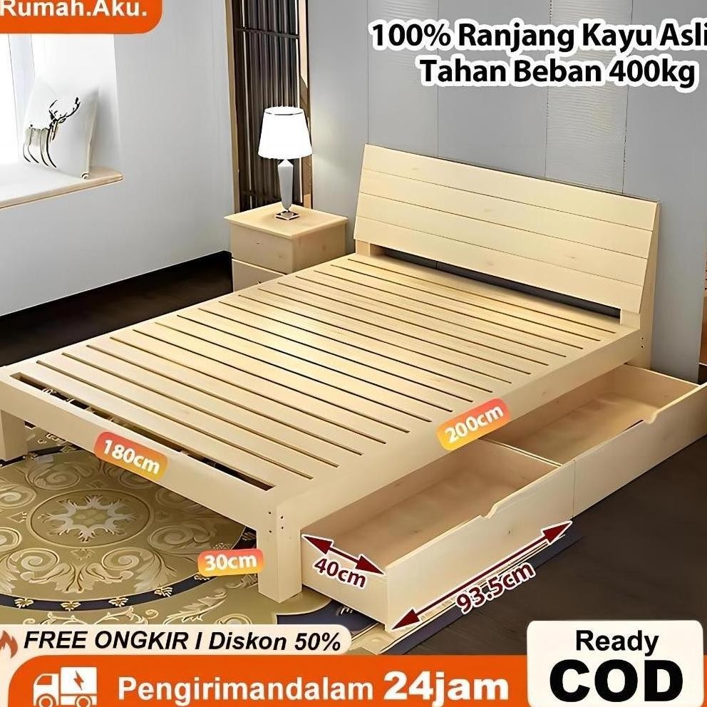 RA Tempat Tidur Kayu Asli / Dipan Lantai Laci Minimalis / Ranjang Kasur / Divan Lesehan 180cm