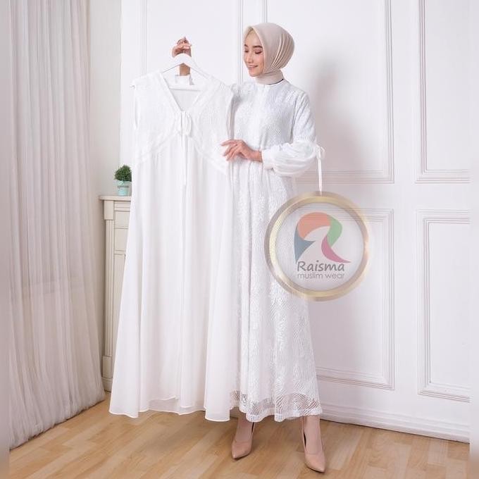 Raisma - Laila Gamis Syar'i Wanita Putih Tulang Lebaran Cantik Dan Elegan Whit Outwear Brokat Ceruti