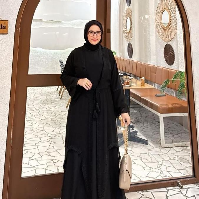 Abaya Turki Gamis 1 Set Inner Outer Abaya Rompi Lepas Gamis Jersey Mix Ceruty Wanita Muslim Dress Hi