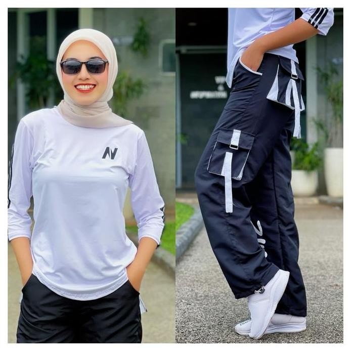 new  Setelan Senam Dan Olahraga Set Atasan N Putih Lis Hitam dengan Celana Senam Cargo Zumba Parasut