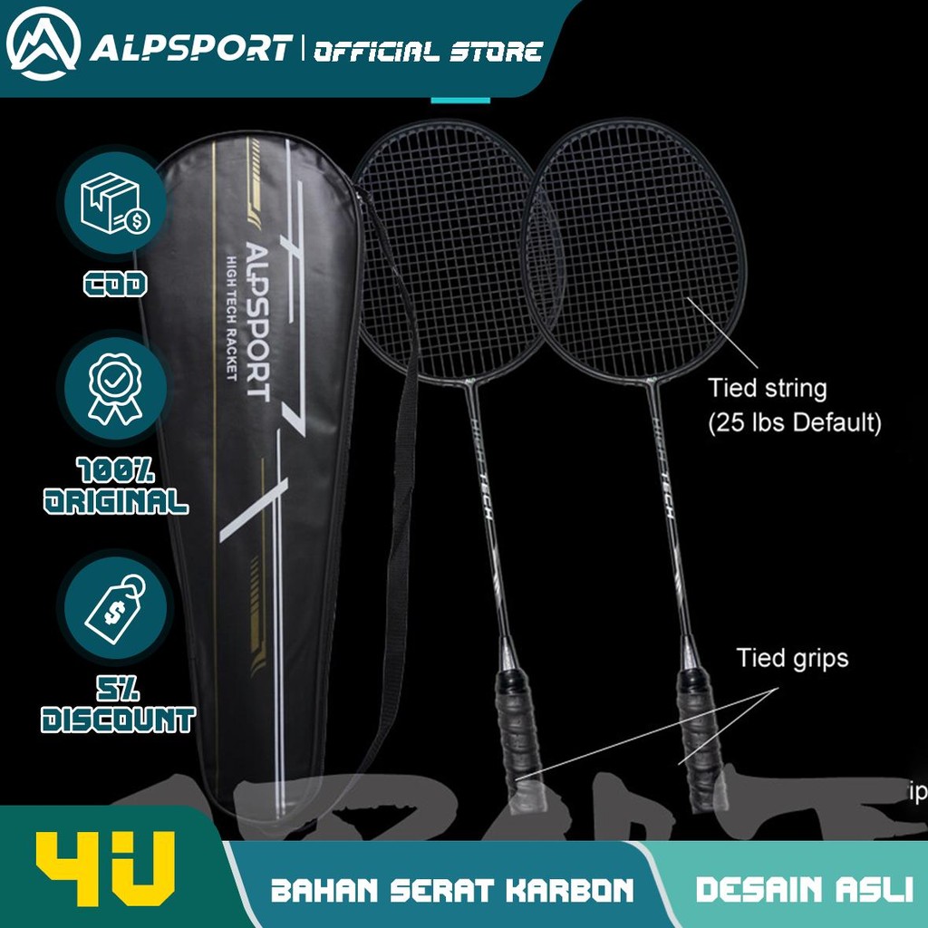 Set Raket Bulutangkis Serat Karbon Asli ALPSPORT RR 4U G5 20-22 Lbs ALP