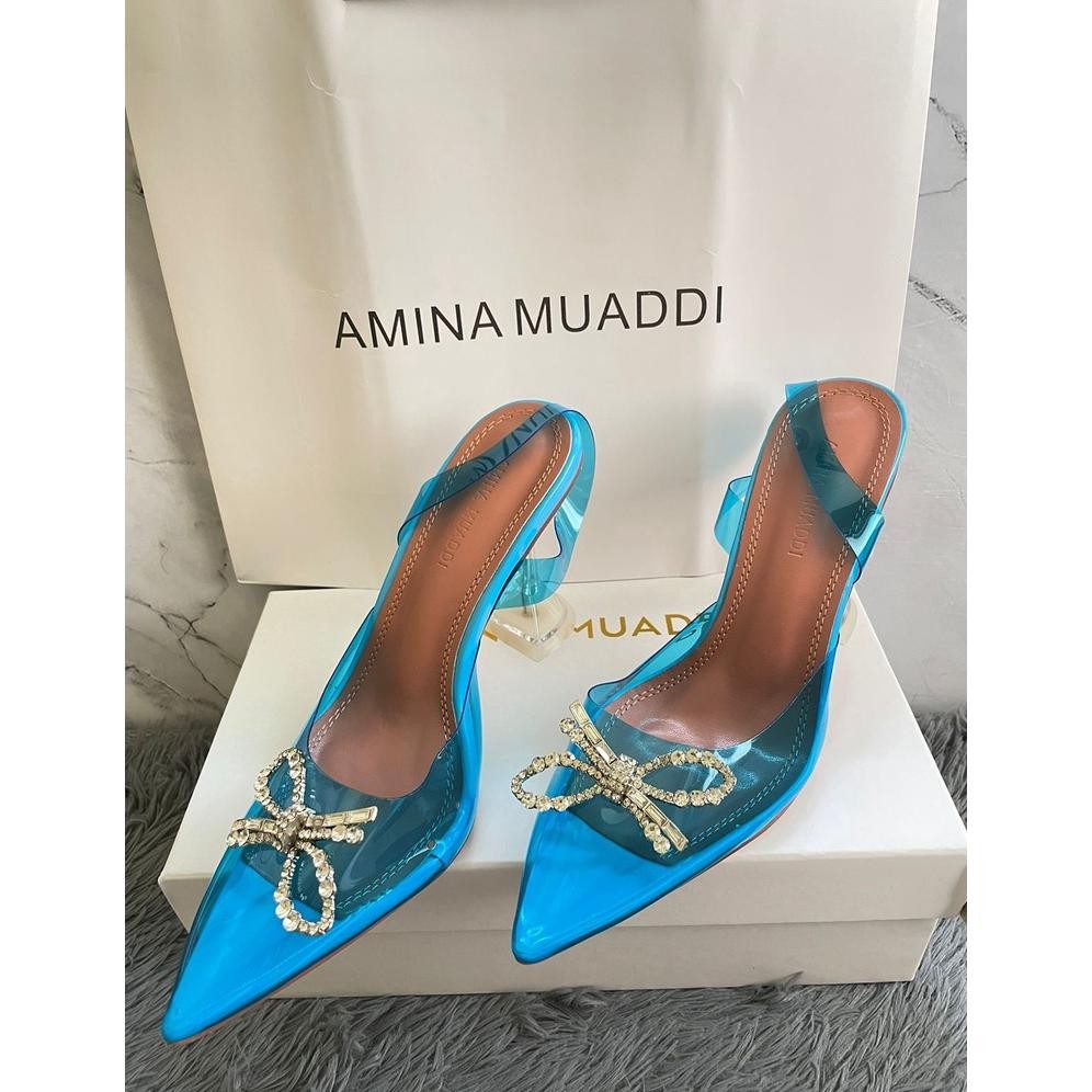 SANDAL HEELS WANITA IMPORT / AMINA MUADDI 02 RIBBON HEELS TRANSPARAN