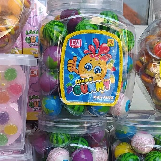 Permen Gummy @50pcs lunak Bulat Motif Mata , Bola , Buah Buahan - Permen lunak Viral Fruity