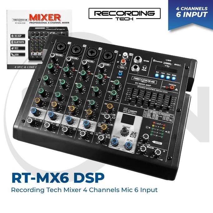 Mixer Recording Tech Rt-Mx6 4 Channel Mic 6 Input Podcast Live Rec New Stok