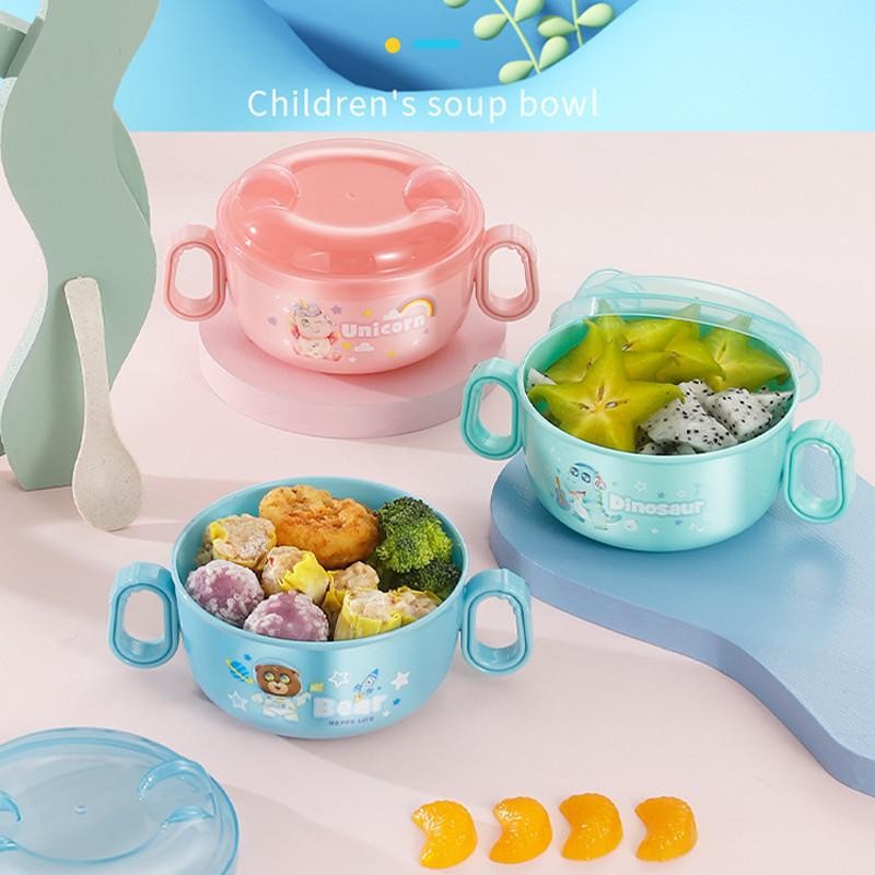 Uniqsoo Mangkok Set Anak Bayi Tutup Anti Tumpah Mangkuk Tahan Panas Tempat Makan Lucu Free Sendok
