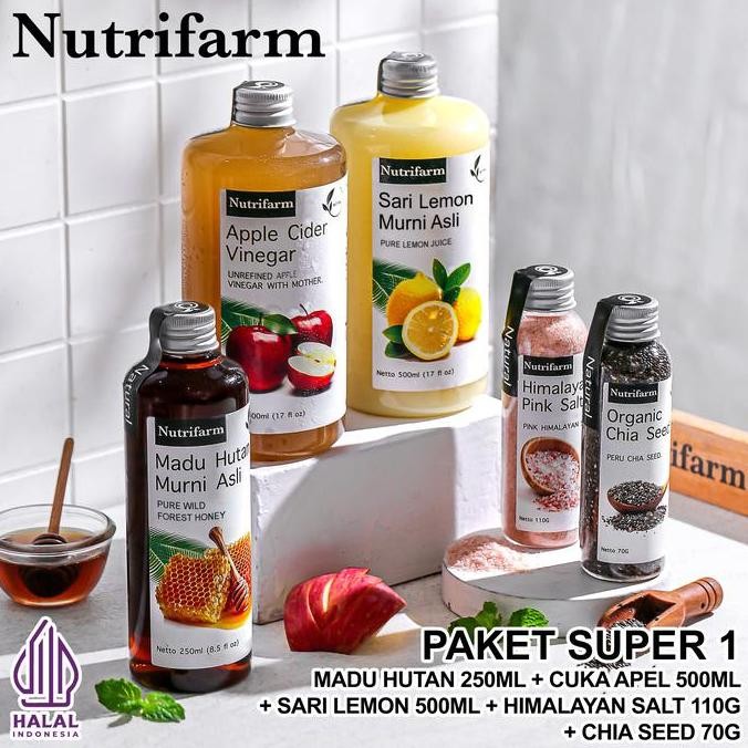

BARU NUTRIFARM PAKET CUKA APEL 500ML, SARI LEMON 500ML, MADU HUTAN 250ML, SALT HIMALAYAN 110G, DAN CHIA SEED 70G