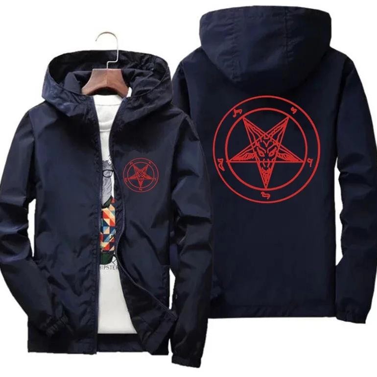 Mens Pentagram Men Church of Satan Baphomet Knights Templar Pentagram Thin Hooded Windbreaker t shir