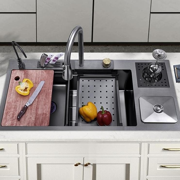 Kitchen Sink Hitam 8846 Stainless Steel 304 / BAK CUCI PIRING  Black Mewah Keran tarik/kotak tempat 