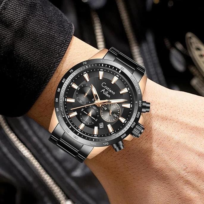 Promo Diskon Cristiano Aillen Jam Tangan Pria Analog 8891 Rantai Stainless Steel Chronograph Kaca Sa