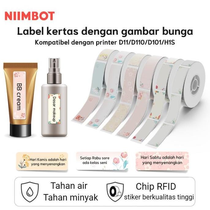 

new niimbot d110_m/d11_h/d101 kertas label termal bermotif bunga stiker penanda tanaman kosmetik tahan air dan anti gores