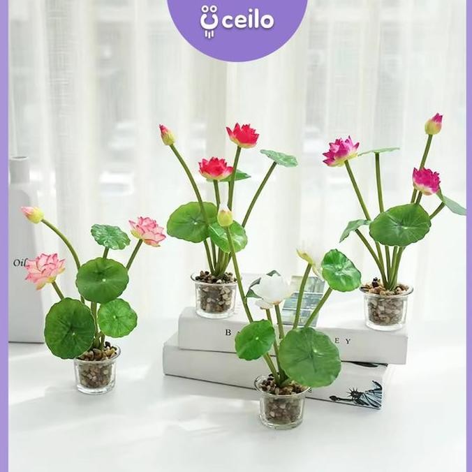 Promo CEILO Bunga Teratai Imitasi Pot Kaca | Lotus Artificial | Tanaman Teratai Palsu | Bunga Terata