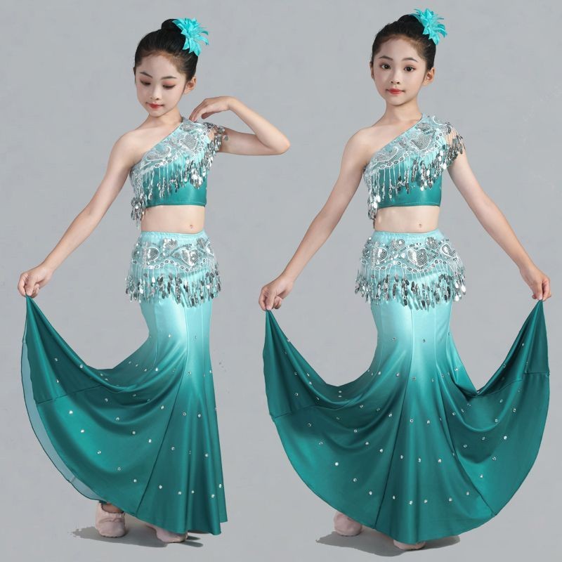 Pakaian Dansa Anak-anak, Kostum Pertunjukan, Rok Ekor Ikan Selubung Dansa Merak