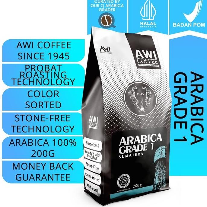 

AWI COFFEE SUMATERA ARABICA GRADE 1 BLEND FOR CAFE 200GR BIJI/BUBUK TERMURAH