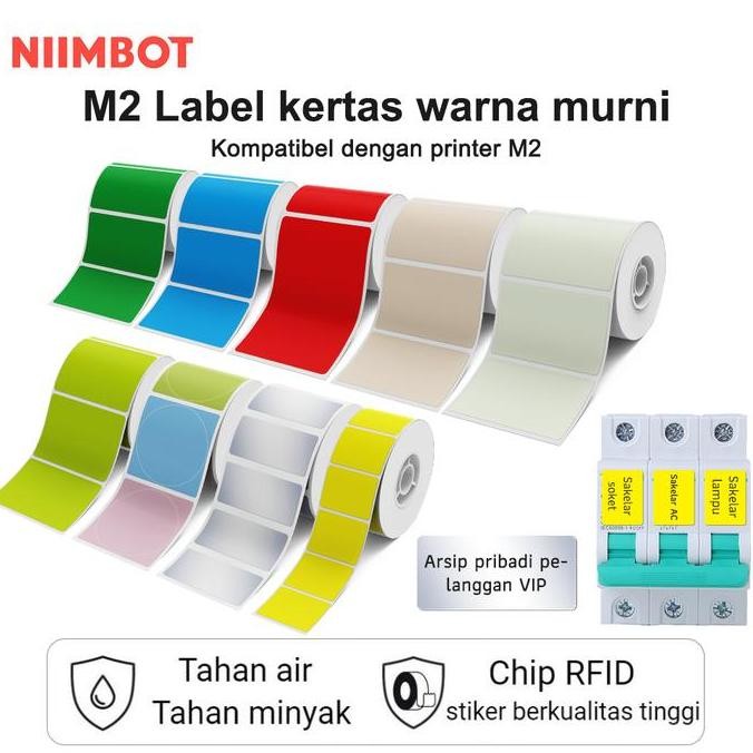 

new niimbot m2 kertas label warna murni, label nama ukuran harga bare, stiker tahan air dan tahan minyak, perak/kuning/biru