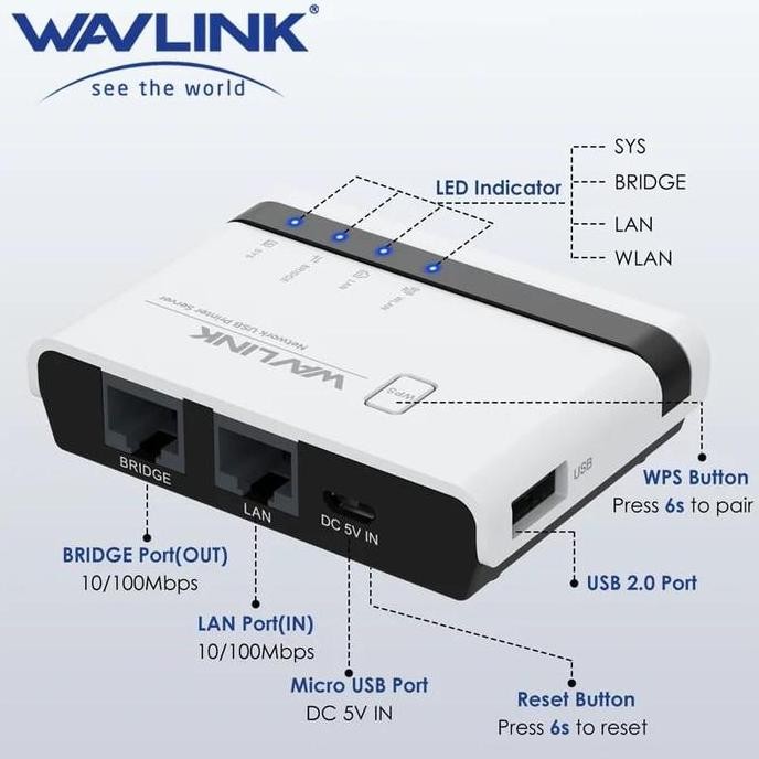 WAVLINK WL-NU516U1 WIRELES USB PRINT SERVER WIFI 2.4G 10/100Mbps