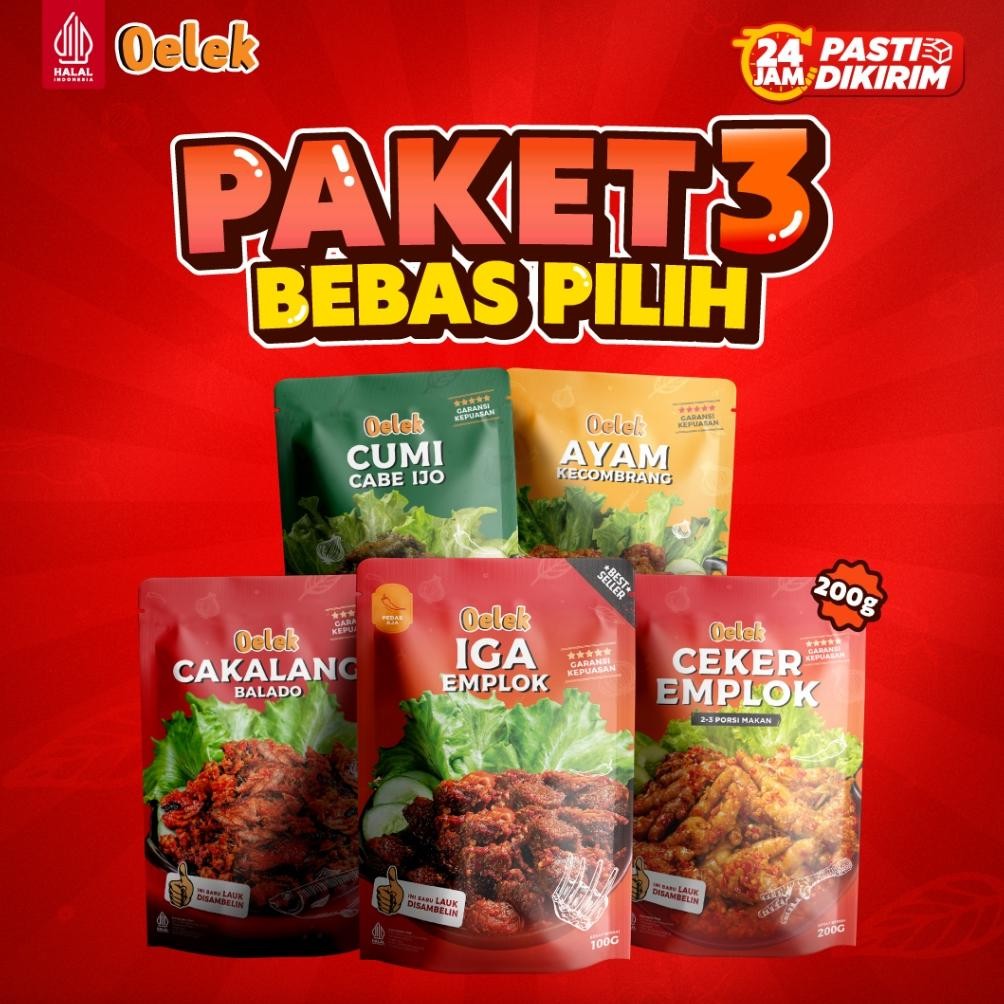

Oelek Paket 3 Lauk Bebas Pilih / Iga Emplok / Cakalang Balado / Cumi Cabe Ijo / Ayam Kecombrang /LaukSiapSaji