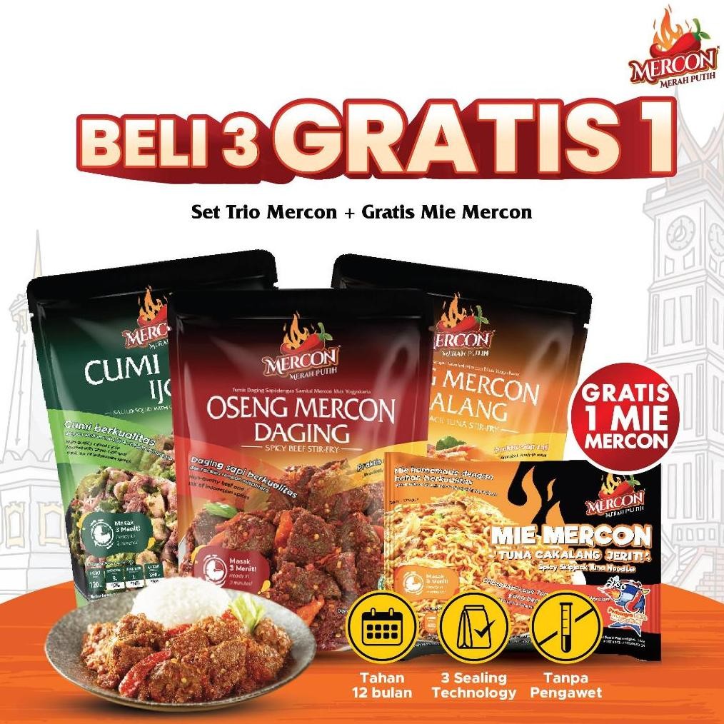 

[ BELI 3 GRATIS 1 ] Mercon Merah Putih - Set Trio Mercon isi 3 Pack Lauk Pedas Siap Saji (DAGING, CUMI CABE IJO, CAKALANG) + GRATIS MIE CAKALANG MERCON