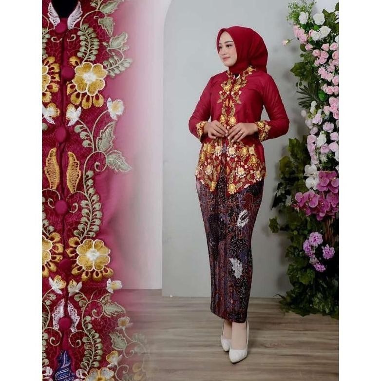 Ready Setelan Kebaya Encim Motif Bunga Tempel Lengan Panjang /Kebaya Encim Motif Bunga