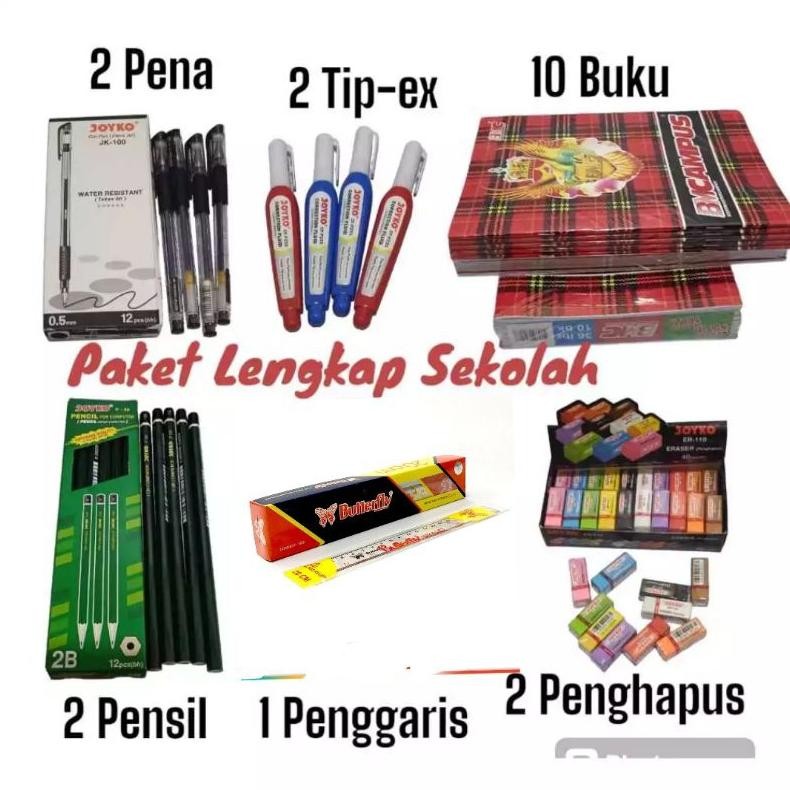 

RB paket lengkap sekolah:2pulpen, 2tipex,2pensil, 2penghapus pensil, 1penggaris dan 1pak buku(10pcs) BMC CAMPUS