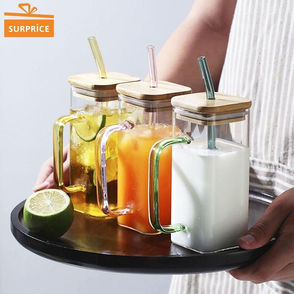 RADEN [MEGA SALE] Surprice Gelas Cafe Aesthetic Tabung Dengan Tutup Kayu / Gelas Kaca Tutup Kayu / M
