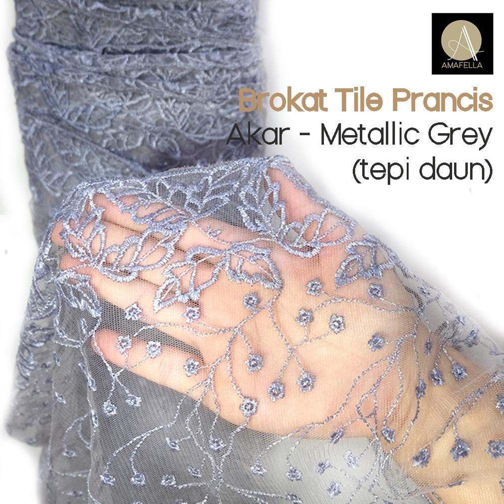 SY 1/2 Meter Kain Brokat Brukat Tile Prancis Bahan Kebaya Motif Akar Warna Metallic Grey Abu