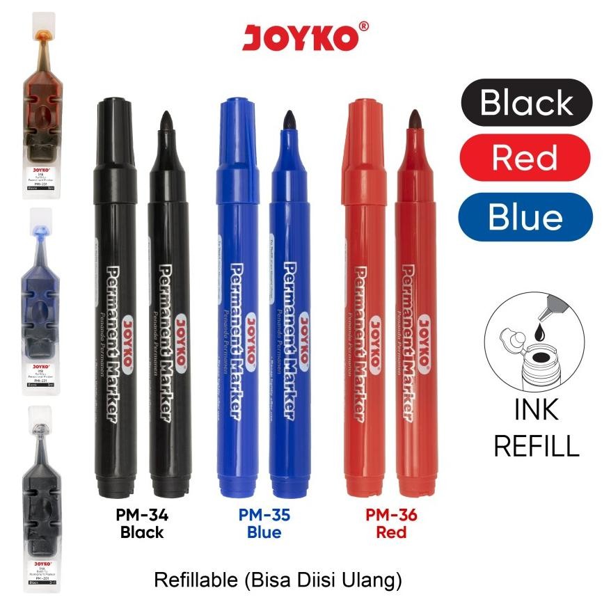 

''Terlaris" (1Pc) Permanent Marker Spidol Permanen Round Tip Joyko Refillable Murah