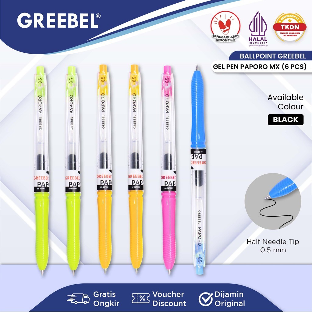 

GREEBEL PULPEN GEL / GEL PEN GP- 507 PAPORO MX 0.5 Tinta Hitam (6PCS/SET) / Ballpen Bolpoin Bolpen Pen Gel