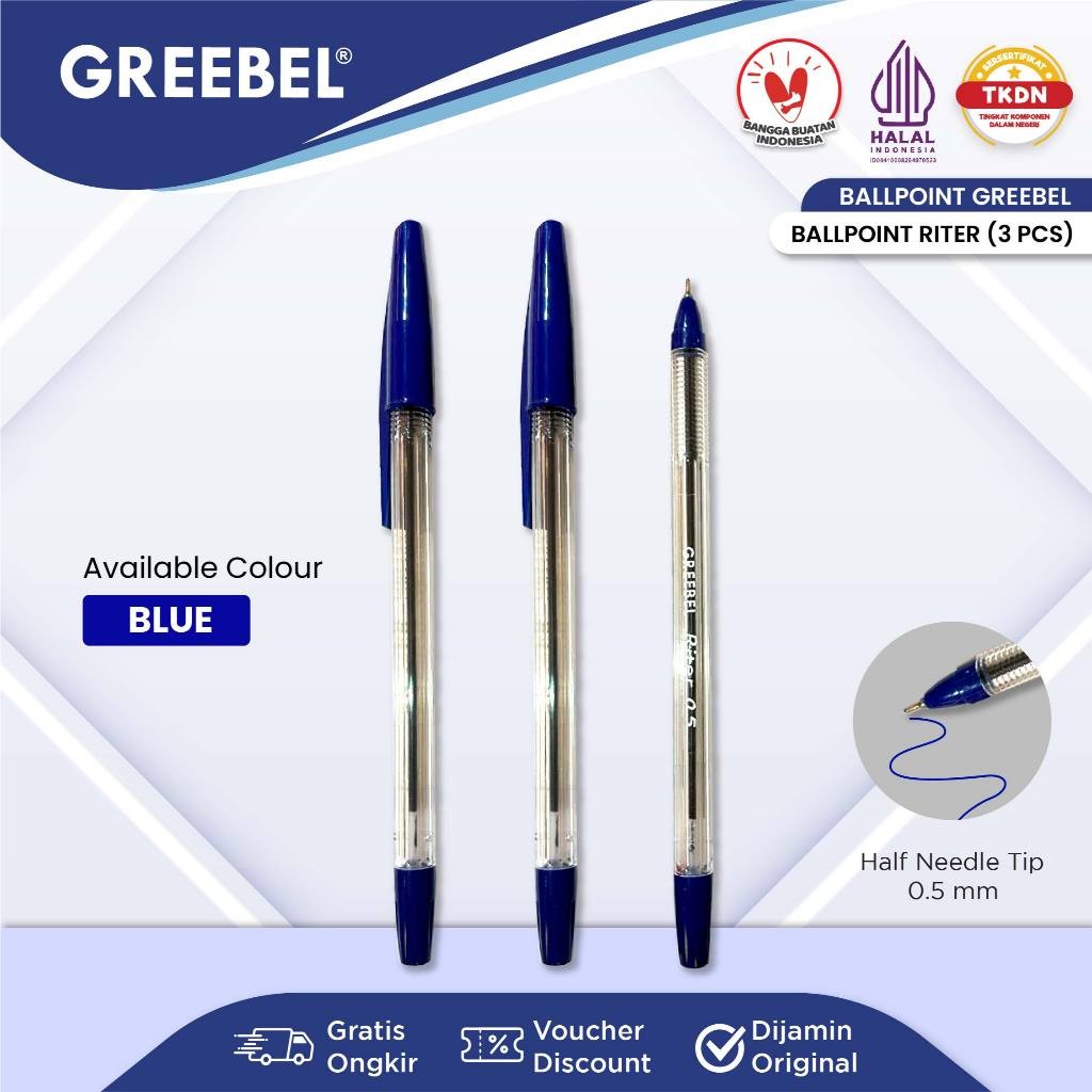 

GREEBEL Pulpen Ballpen / Riter 0.5 Blue (3PCS/SET) / Ballpoint Bolpen Bolpoin Pena Gel