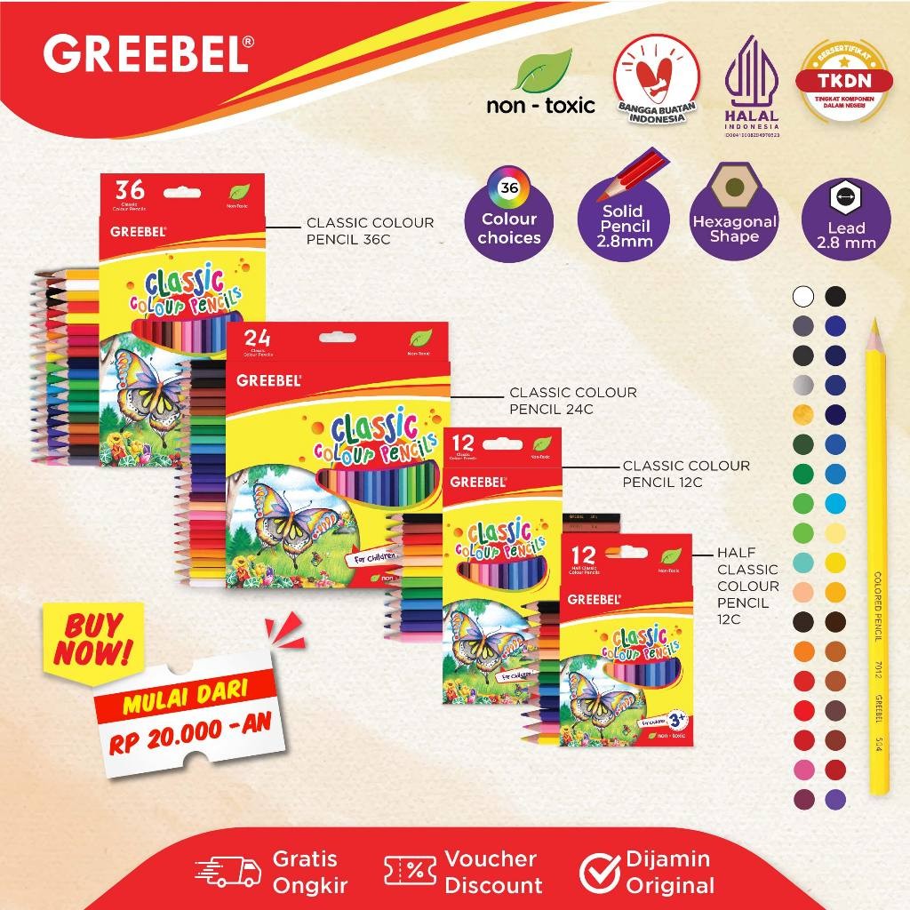 

GREEBEL Pensil Warna 12 / 24 / 36 Warna Classic Color Pencils / Colored Pencil / Warna Lebih Nyata