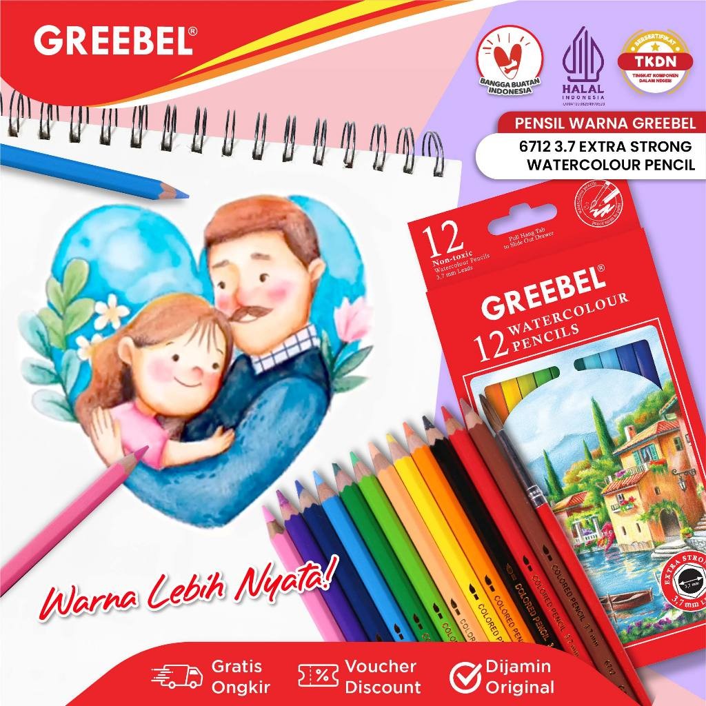 

GREEBEL Pensil Warna (6712) Watercolor 12 Warna / Coloring / Pensil warna Greebel / Pensil warna Aman untuk Anak Mewarnai