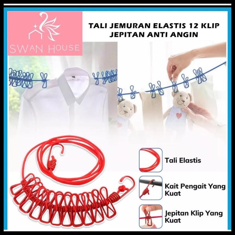 TALI JEPITAN JEMURAN PAKAIAN 12 JEPIT PORTABLE BAHAN KAWAT BESI / TALI JEMUR / TALI GANTUNGAN JEMURA