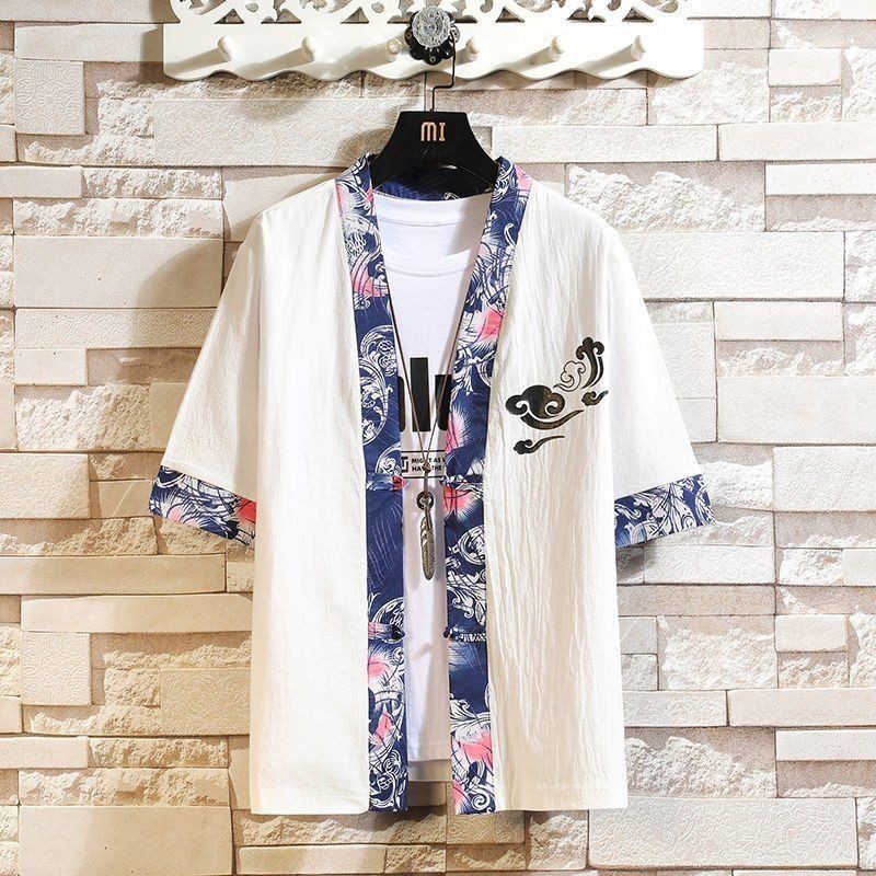 Setelan Tang Pria Gaya Cina Katak Kancing Ukuran Besar Cetak/Jubah Taois/Hanfu