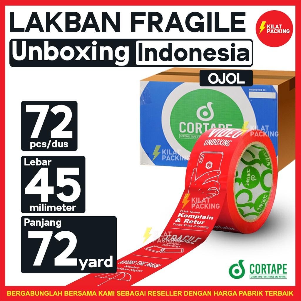 

Lakban / Isolasi / Selotip Fragile Video Unboxing Bhs Indonesia 45 Mm X 72 Yard Murah Per Dus - Gojek/Grab