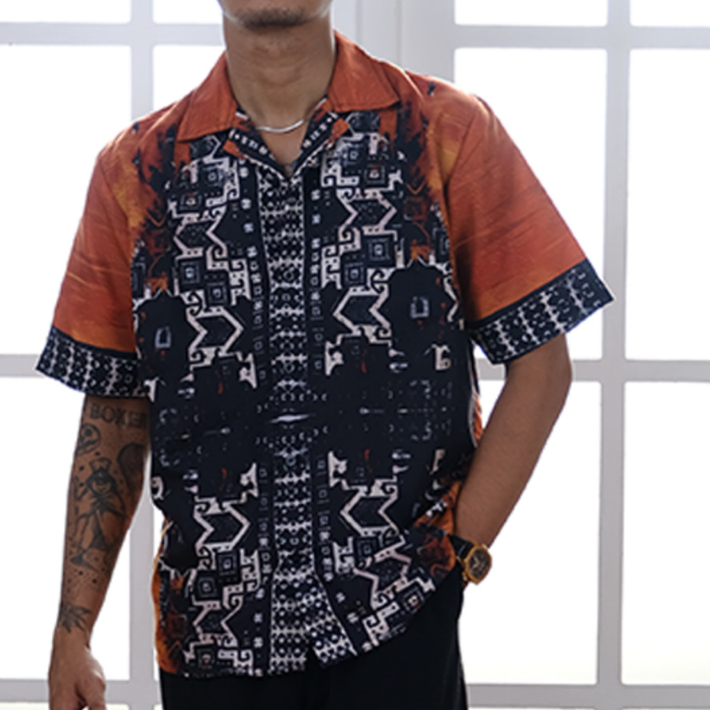 GOKS Baju Shirt Kemeja Motif Pria Wanita Unik Bermotif Kekinian Oversize Jumbo ABSTRAK COKLAT 104
