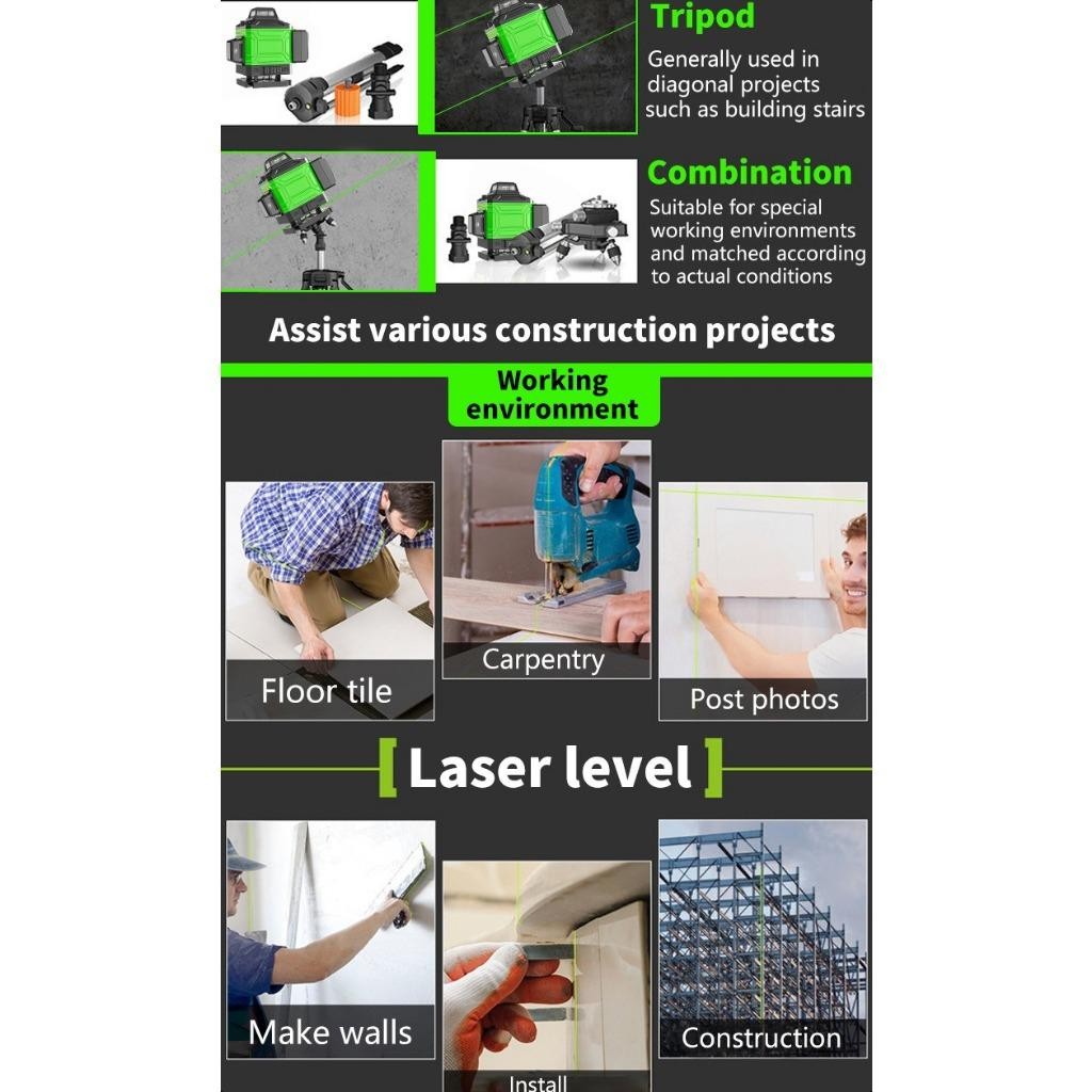 Laser Level Bangunan Waterpass Laser Multifungsi Meteran Laser Level Hilda 4D 12Line Tingkat Bosch W