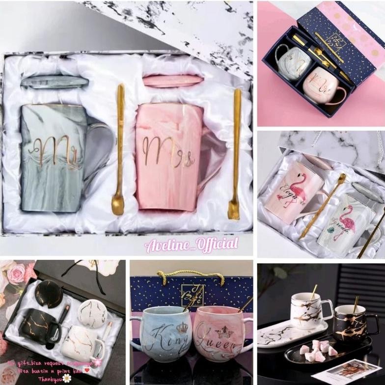 Aveline Hampers Gelas Marble Glass Couple / Canada Marble Mug Gift Box / Gelas Marble Tutup / Hamper