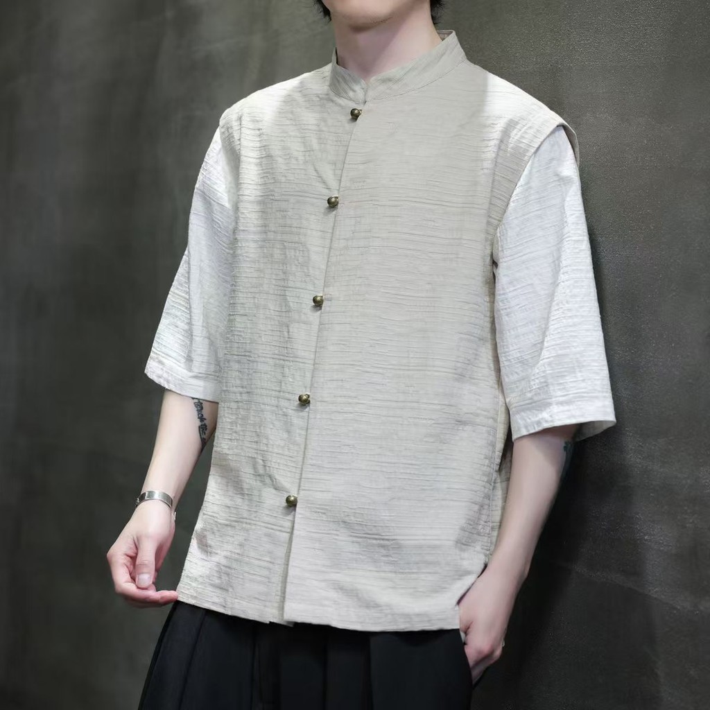 Kemeja Pria Palsu Dua Potong Gaya Cina Baru/Hanfu/Pakaian Tradisional Tiongkok