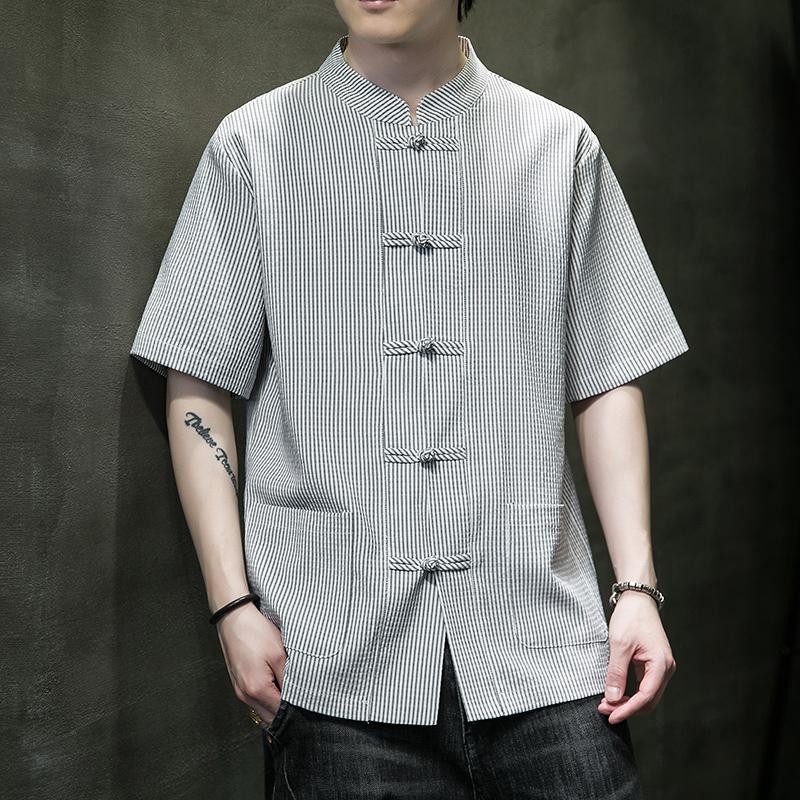 Kemeja Bergaris Katun Linen Gaya Cina Baru Pria Setelan Tang/Kemeja