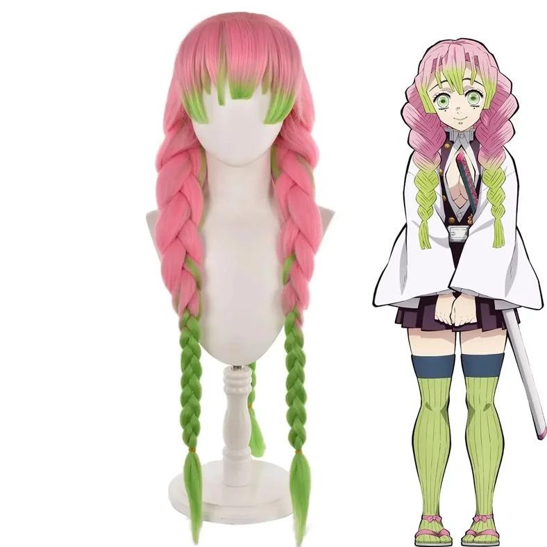 Anime Demon Slayer Kanroji Mitsuri Cosplay Wig Green Mix Pink Long Anime Costume Wigs With Wig Net K