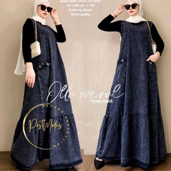 Promo / Terlaris POSTMODIS OLLA OVERALL PANJANG MUSLIM SOFT JEANS SNOW BLUE DAN SNOW BLACK Standar W