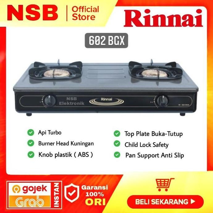 Tersedia kompor rinai 2 tungku Rinnai RI602 BGX Api turbo Stainless kompor gas