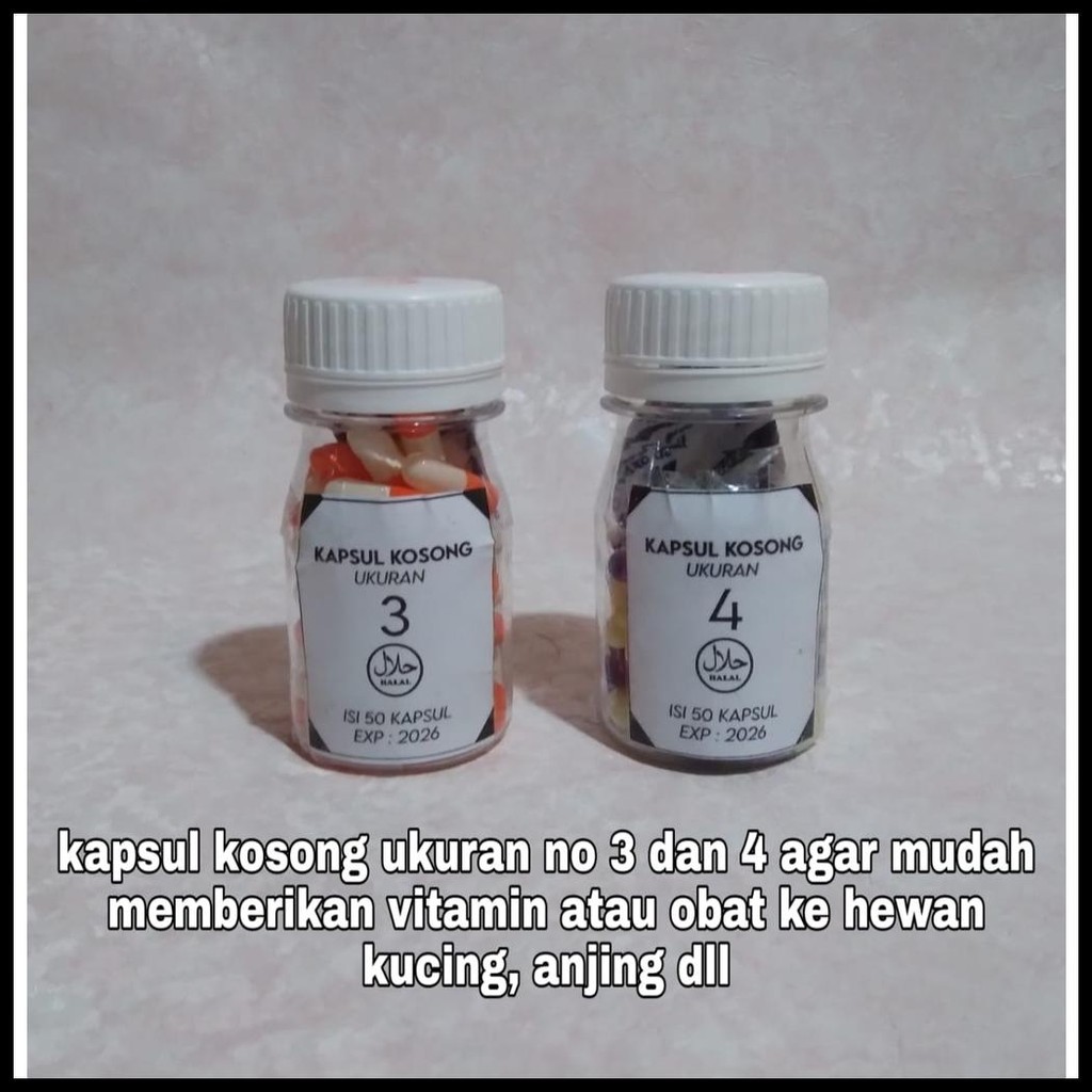 KAPSUL KOSONG KECIL UKURAN 3 DAN 4 ISI 50 KAPSUL LABIH MUDAH MEMBERIKAN OBAT UNTUK KUCING ANJING DAN