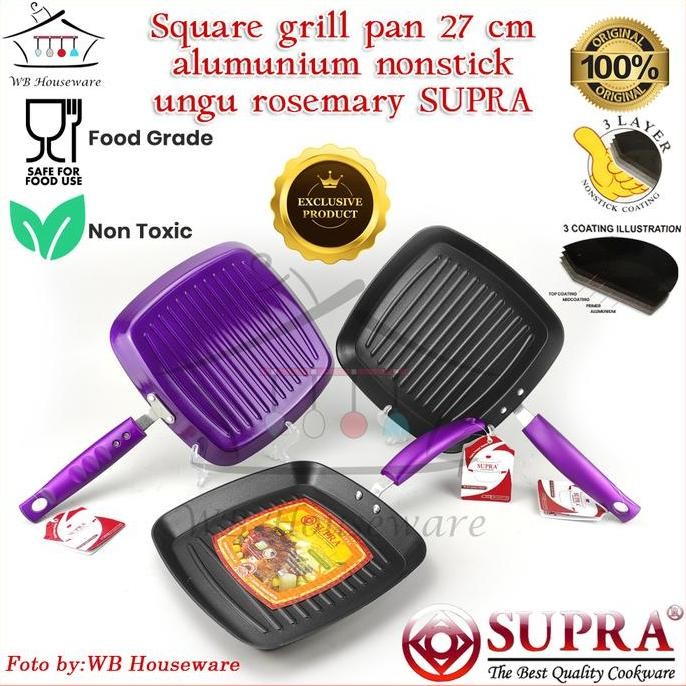 Tersedia SUPRA SQUARE GRILL PAN 27X27 / Panggangan  Gril pan ungu /Wajan Teflon / Wajan Panggang /Pe