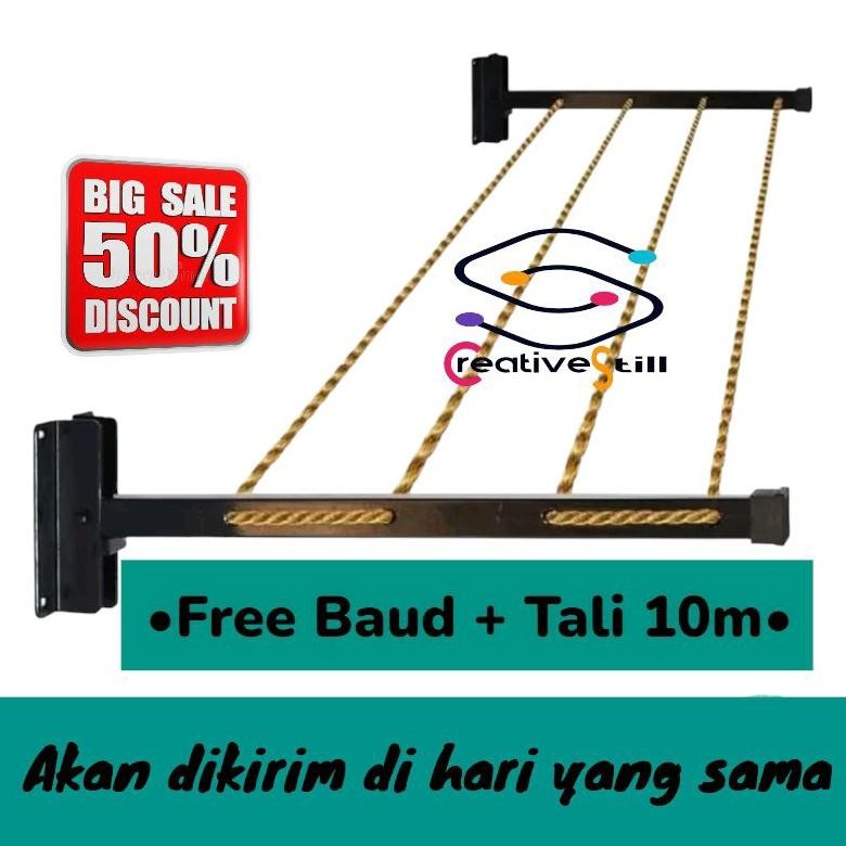 NEW Jemuran Lipat Dinding + Tambang 10meter Alat Jemur loundry praktis free baud