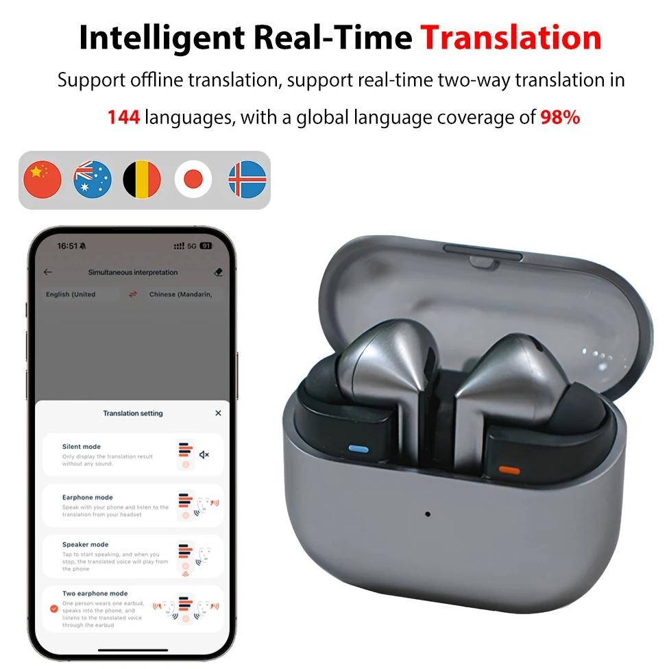 

Handsfree Earphone AI Real-time Translator Wireless Earbuds Touch Control Noise Reduction Low Latency for Business Travel Learn